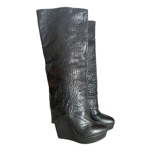 Elizabeth and James Black Leather Knee-High Fold Wedge Boots